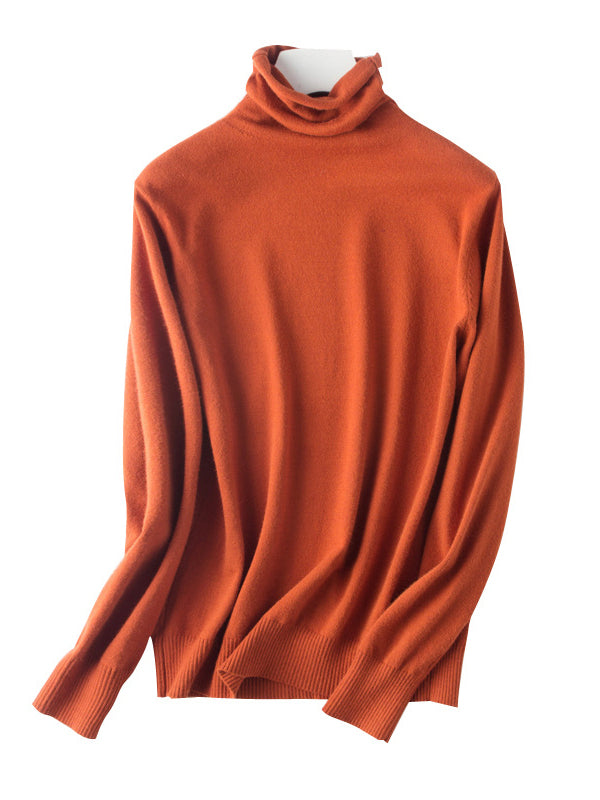 Simple Loose Long Sleeves Solid Color High-Neck Sweater Tops