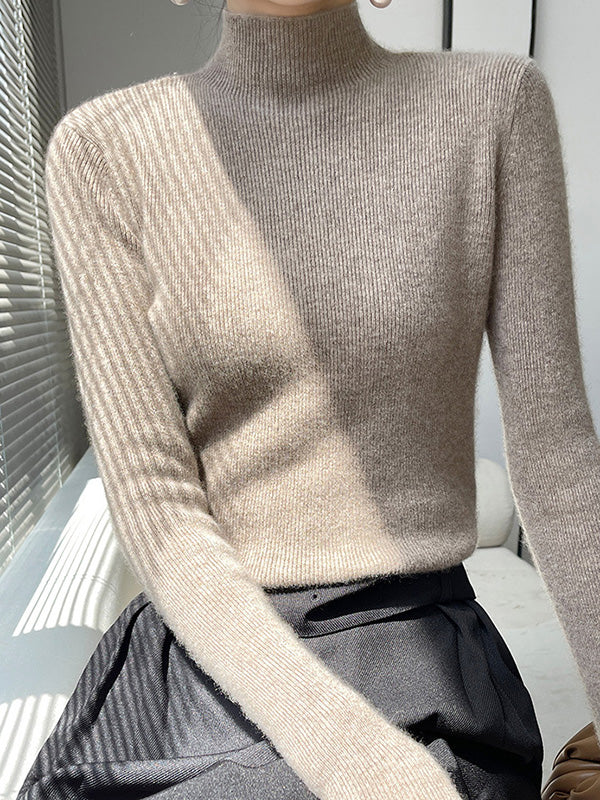 Casual Skinny Long Sleeves Solid Color Half Turtleneck Sweater Tops