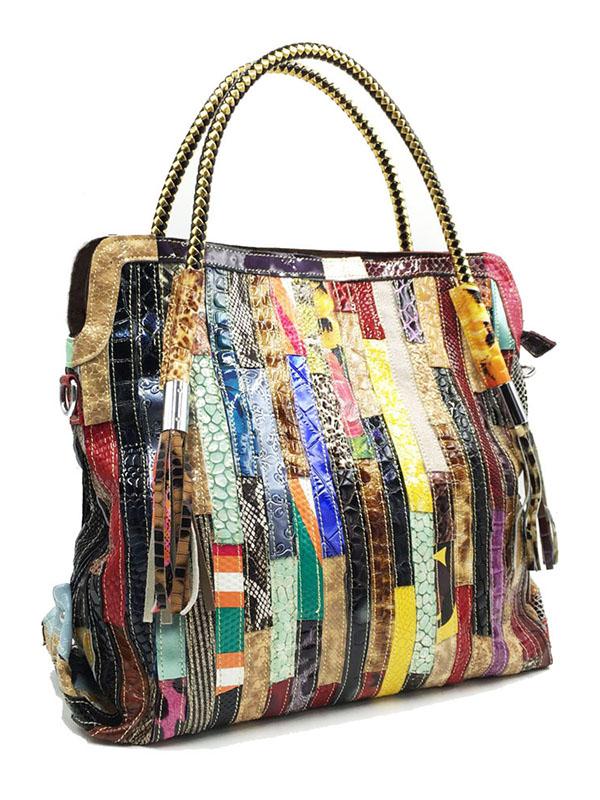 Split-joint Striped Shoulder Sling Leather Bag