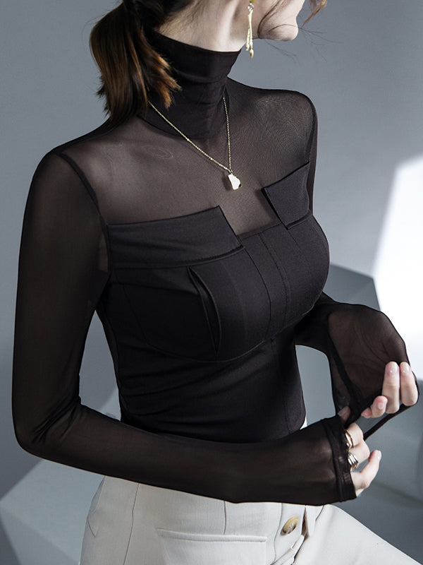 Long Sleeves Skinny Gauze See-Through Split-Joint High-Neck T-Shirts Tops