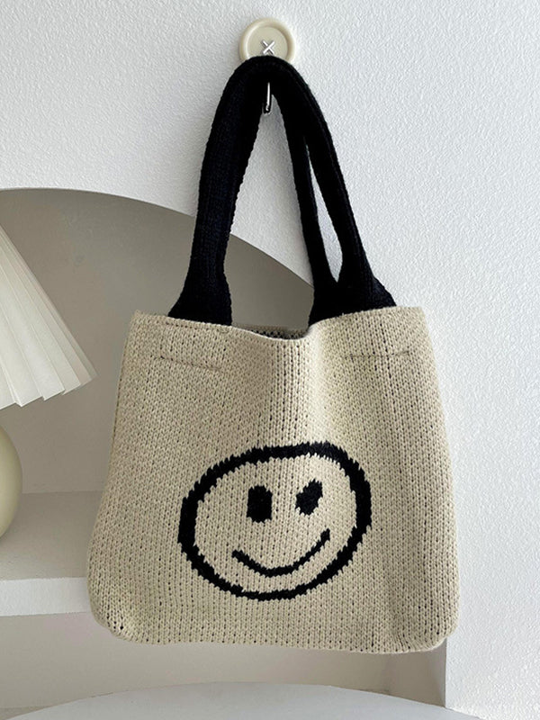 Smiley Face Pattern Woven Handbag