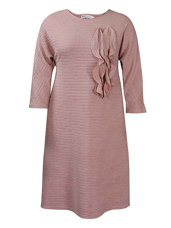 Vacation Long Sleeves A-Line Pleated Solid Color Round-Neck Midi Dresses