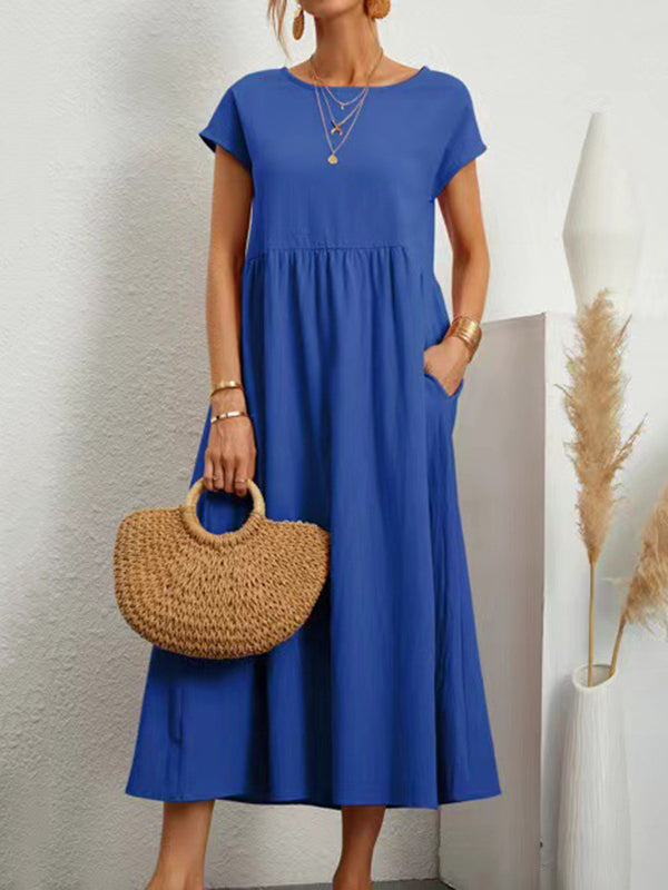 Loose Short Sleeves Pleated Solid Color Round-Neck Midi Dresses