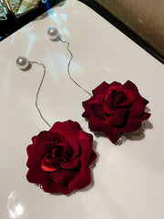 Vintage Red Rose Floral Pearl Earrings Accessories