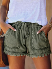 10 Colors Casual Drawstring High Waisted Denim Fringed Shorts