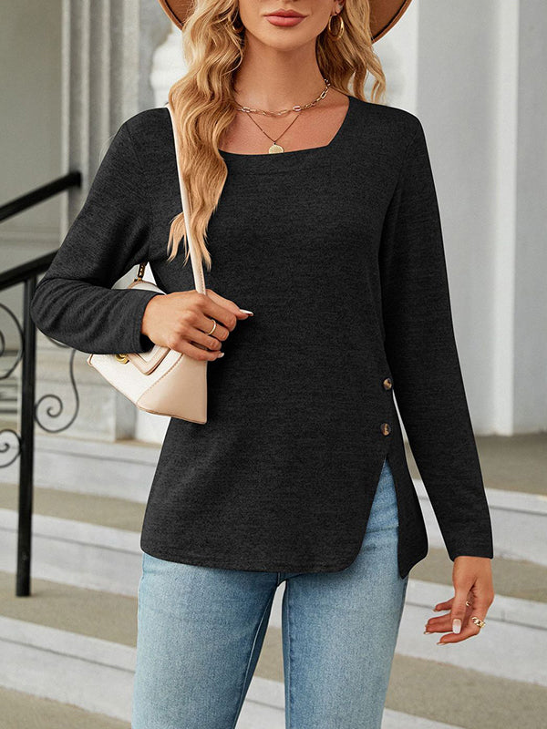 Long Sleeves Loose Asymmetric Buttoned Solid Color Split-Side Square-Neck T-Shirts Tops