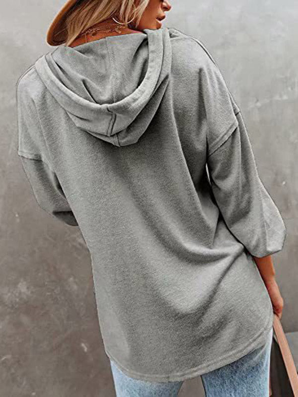 Loose Casual 7 Colors Buttoned Drawstring Hooded V-Neck Long Sleeves Hoodies