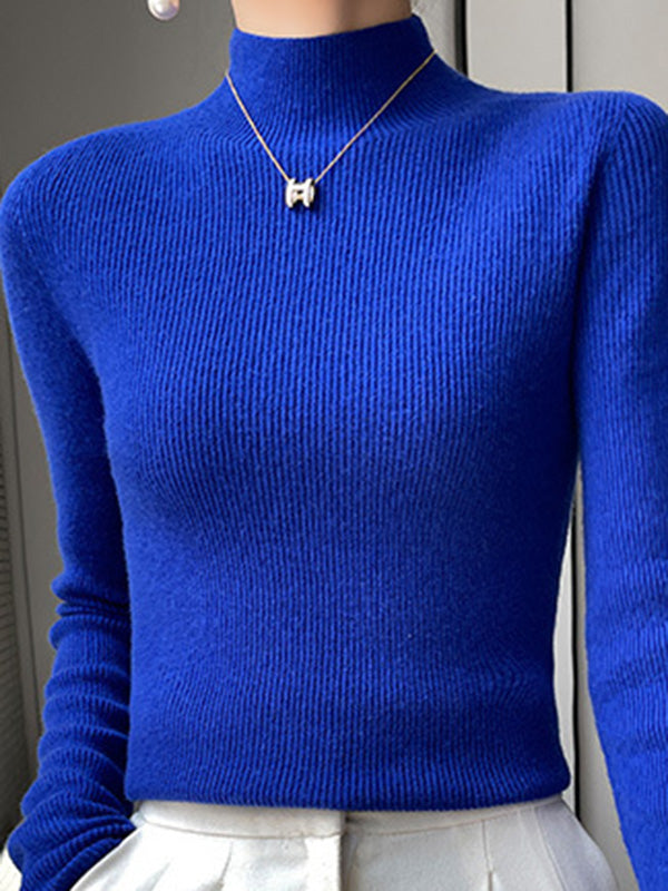 Casual Skinny Long Sleeves Solid Color Half Turtleneck Sweater Tops