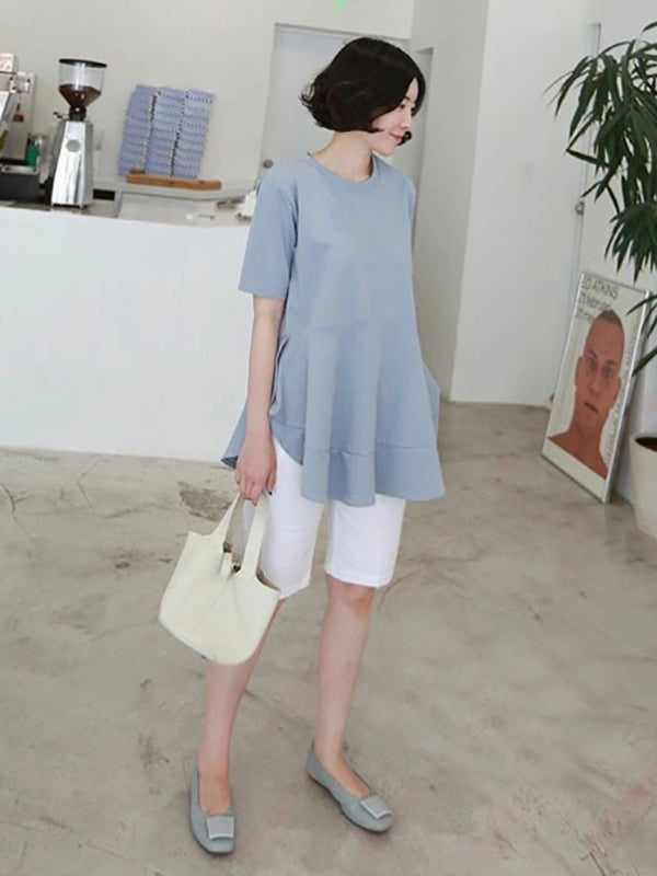 Casual Loose Split-Side Falbala Round-Neck T-Shirts Tops