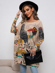 Casual Long Sleeves Loose Cartoon Printed Contrast Color Round-Neck Sweater Tops