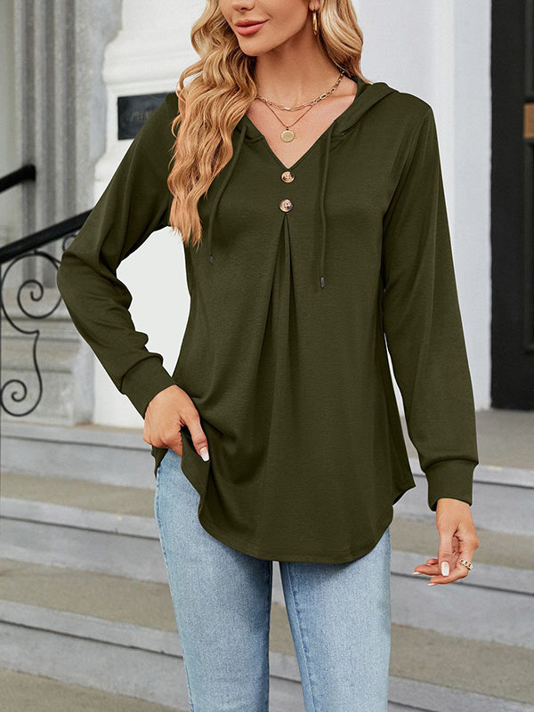 Long Sleeves Loose Buttoned Drawstring Hooded Solid Color V-Neck T-Shirts Tops