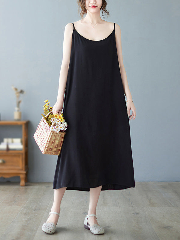 Loose Sleeveless Solid Color Spaghetti-Neck Midi Dresses