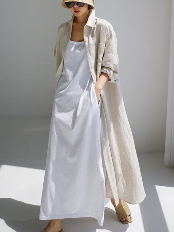 Simple Long Sleeves Split-Side Solid Color Lapel Midi Dresses Shirt Dress