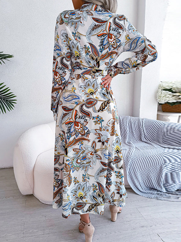 Long Sleeves Buttoned Flower Print Tied Waist Lapel Maxi Dresses