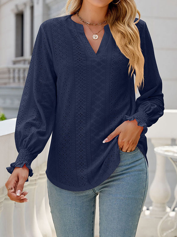 Long Sleeves Loose Elasticity Hollow Solid Color V-Neck T-Shirts Tops