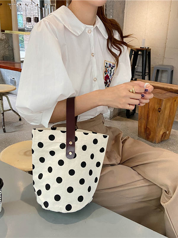 Vintage Canvas Polka-Dot Printed Makeup Tote Bag Bucket Bag