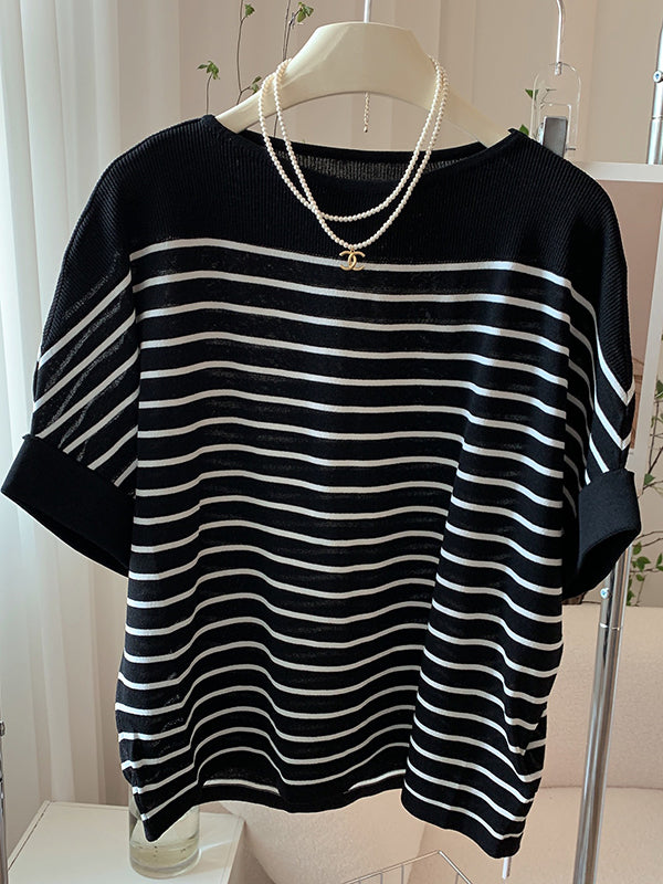 Urban Batwing Sleeves Loose Contrast Color Striped Knitting T-Shirt