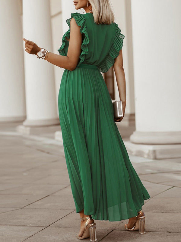 Loose Sleeveless Floral Pleated Solid Color Split-Joint Tied Waist V-Neck Maxi Dresses