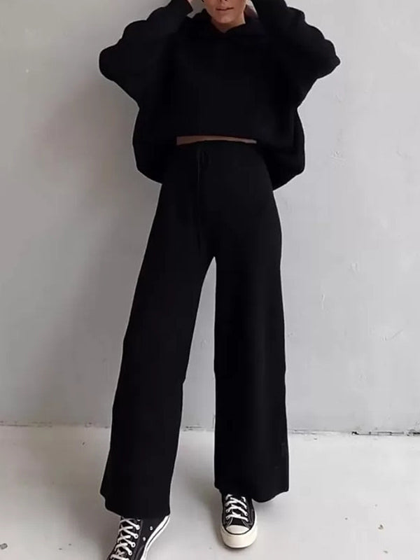 Loose Solid Color Round-Neck Hooded Long Sleeves Sweater Top + Drawstring Pants Bottom Two Pieces Set