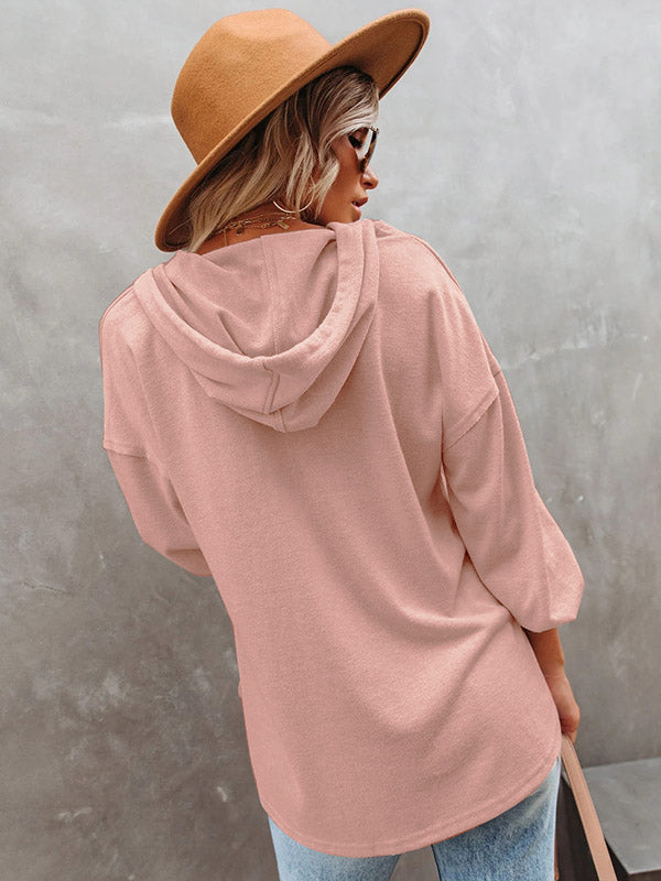 Loose Casual 7 Colors Buttoned Drawstring Hooded V-Neck Long Sleeves Hoodies