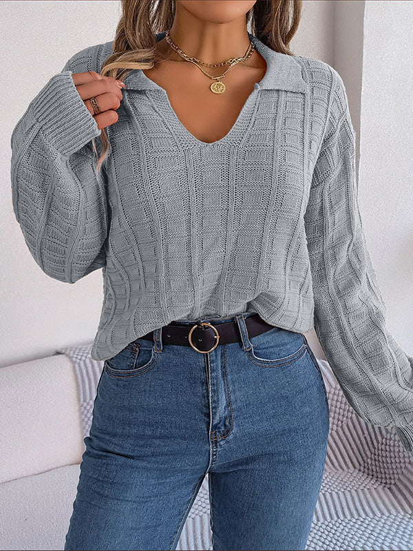 Long Sleeves Loose Solid Color Lapel Pullovers Sweater Tops