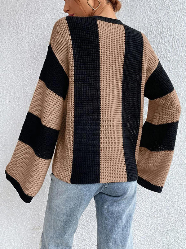 Flared Sleeves Contrast Color Striped Round-Neck Pullovers Sweater Tops