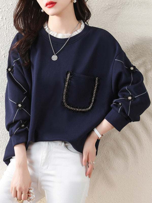 Long Sleeves Loose Chains Pockets Ruffled Split-Joint Three-Dimensional Flower Round-Neck T-Shirts Tops