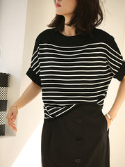 Urban Batwing Sleeves Loose Contrast Color Striped Knitting T-Shirt