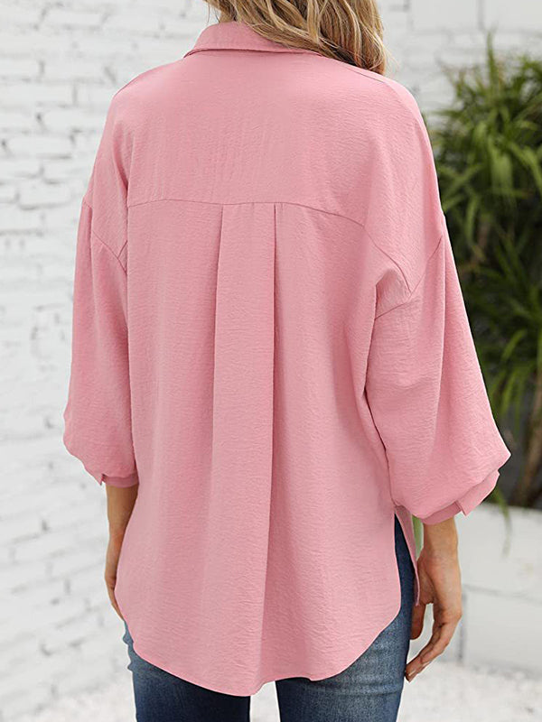 Loose Puff  Three-Quarter Sleeves Solid Color Lapel Blouses