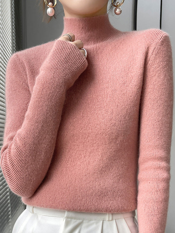 Casual Skinny Long Sleeves Solid Color Half Turtleneck Sweater Tops