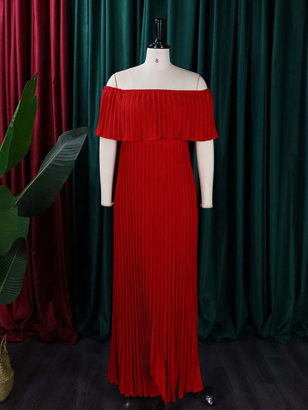 Wrap Pleated Solid Color Off-The-Shoulder Evening Dresses