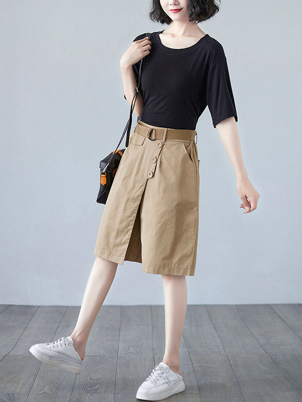 Artistic Retro Solid Color Wide Legs Belted High-Waisted Shorts