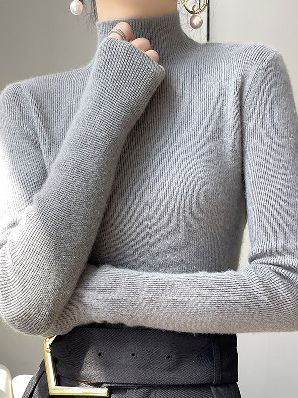 Casual Skinny Long Sleeves Solid Color Half Turtleneck Sweater Tops