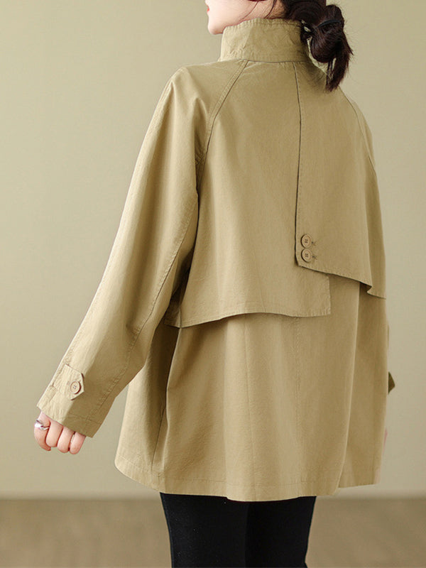 Long Sleeves Loose Asymmetric Buttoned Pockets Solid Color Split-Joint Stand Collar Outerwear Trench Coats