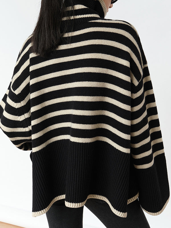 Long Sleeves Loose Contrast Color Split-Joint Split-Side Striped High Neck Sweater Tops