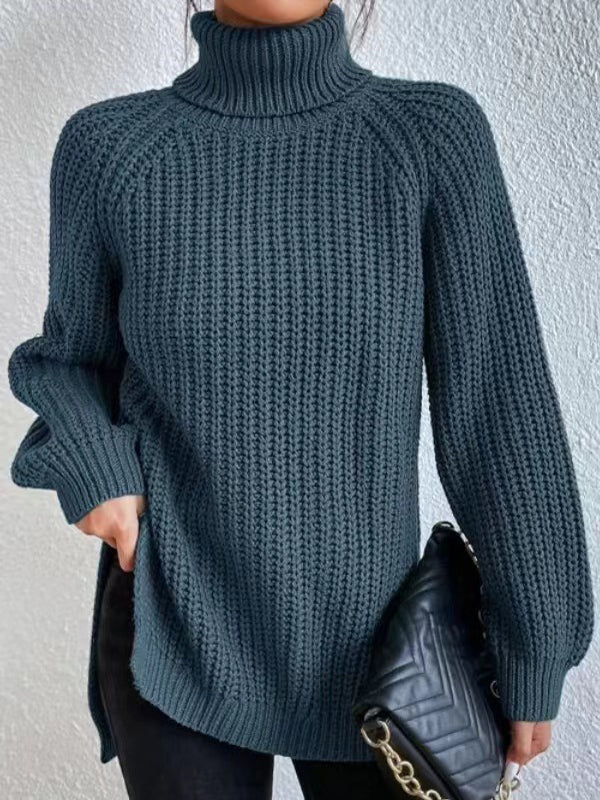 Long Sleeves Loose Solid Color Split-Side High Neck Pullovers Sweater Tops