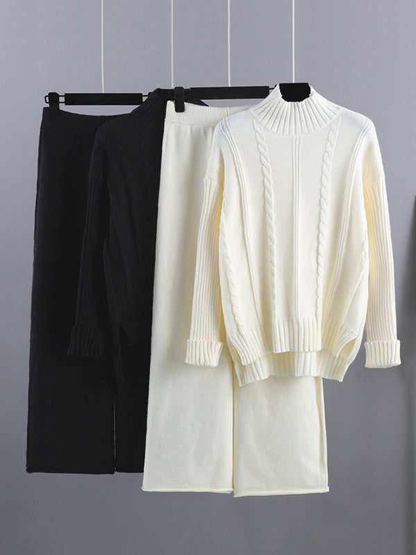 Loose Long Sleeves Split-Side Solid High-Low Half Turtleneck Sweater Tops & Wide Leg Pants Two Pieces Set