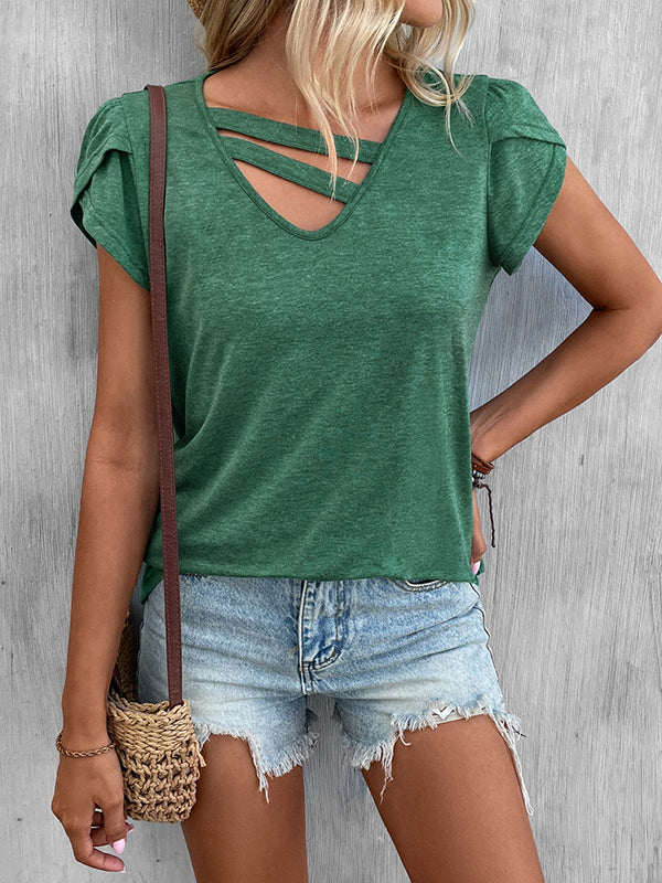 Loose Short Sleeves Solid Color V-Neck T-Shirts Tops