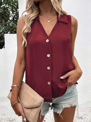 Loose Sleeveless Buttoned Solid Color Split-Joint V-Neck Vest Top