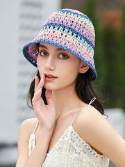 Sun-Protection Contrast Color Hollow Short Brim Woven Fisherman Hat Hats&Caps