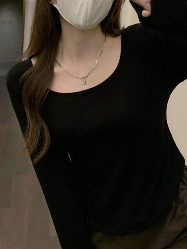 Long Sleeves Skinny Solid Color Square-Neck T-Shirts Tops