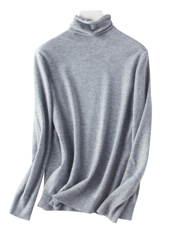 Simple Loose Long Sleeves Solid Color High-Neck Sweater Tops