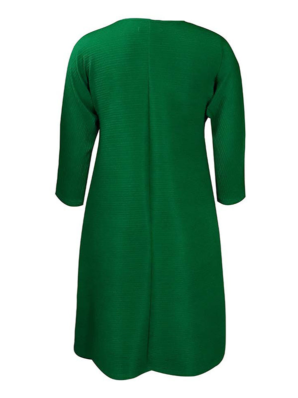 Vacation Long Sleeves A-Line Pleated Solid Color Round-Neck Midi Dresses