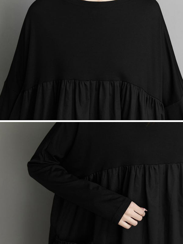 Simple Loose Black Split-Joint Long Sleeves Midi Dress