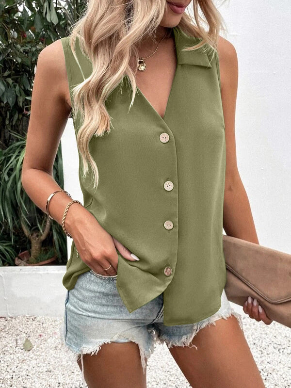 Loose Sleeveless Buttoned Solid Color Split-Joint V-Neck Vest Top