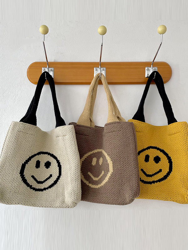 Smiley Face Pattern Woven Handbag