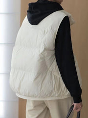 Loose Sleeveless Pleated Split-Joint Zipper Stand Collar Down Coat Padded Vest