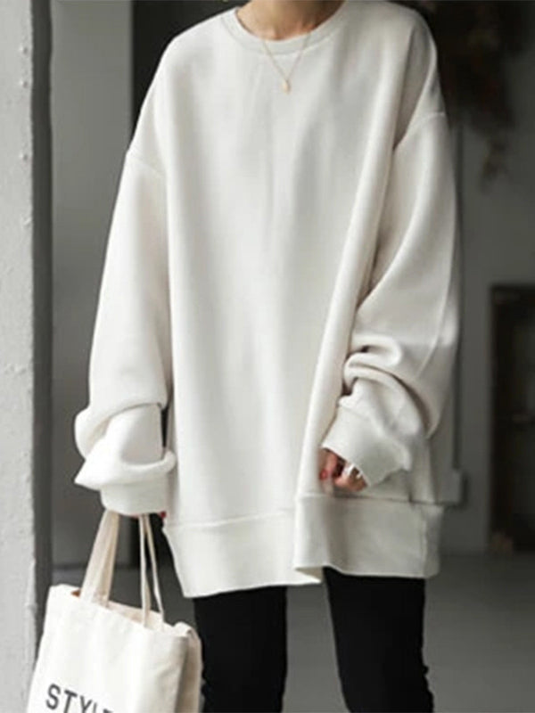 Casual Loose Solid Color Round-Neck Sweatshirt Top