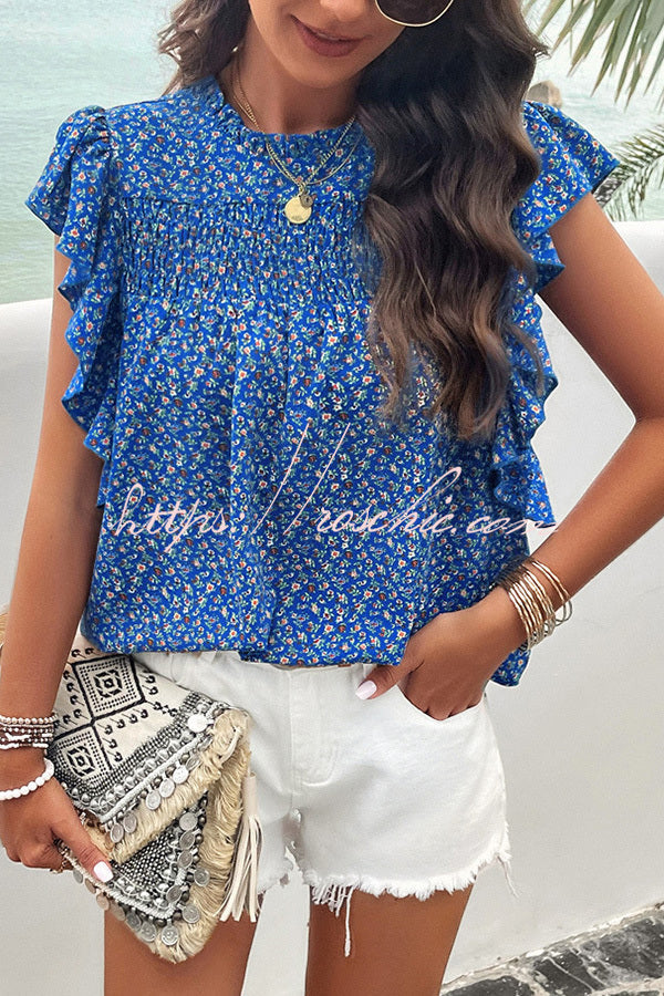 Floral Print Pleated Crew Neck Pullover Top