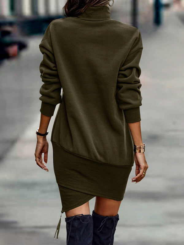 Casual Long Sleeves Solid Color High-Neck Mini Dresses